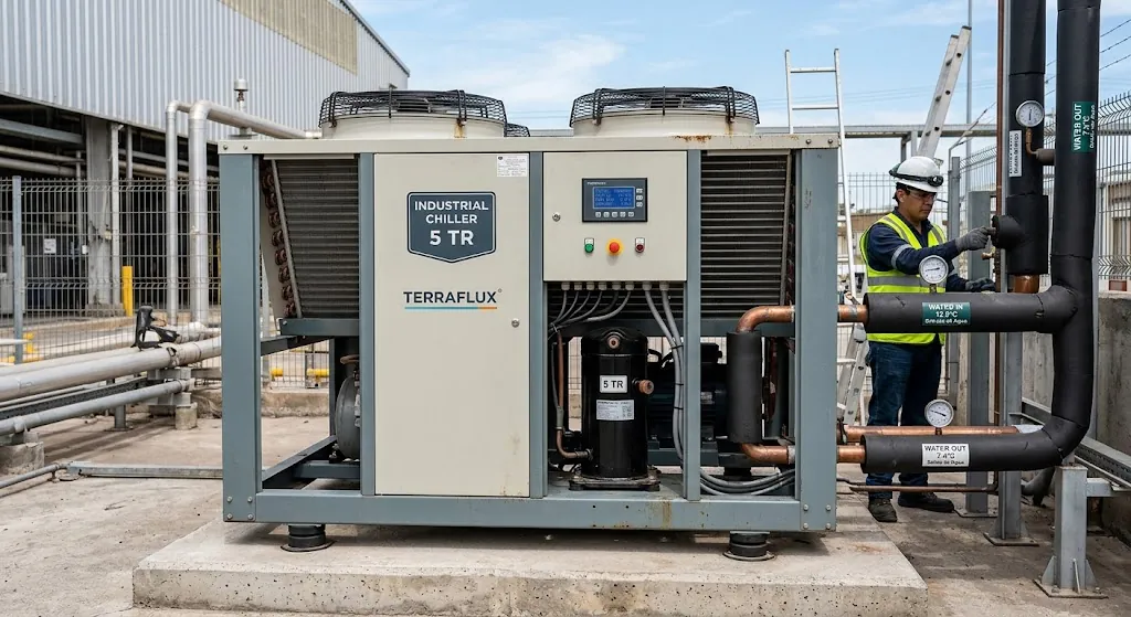Chiller industrial de 5 TR con técnico revisando las tuberías