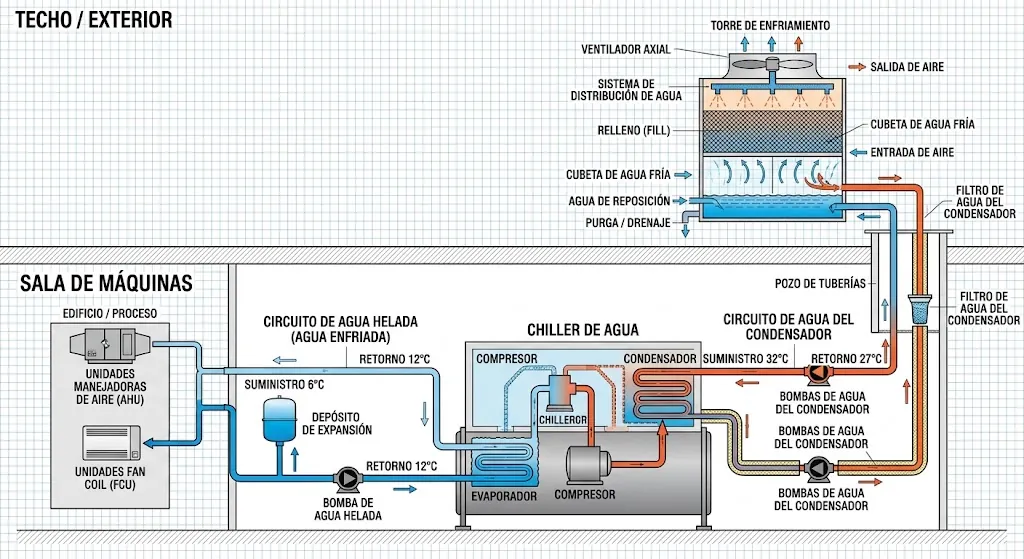 Diagrama de un sistema de chiller enfriado por agua con torre de enfriamiento