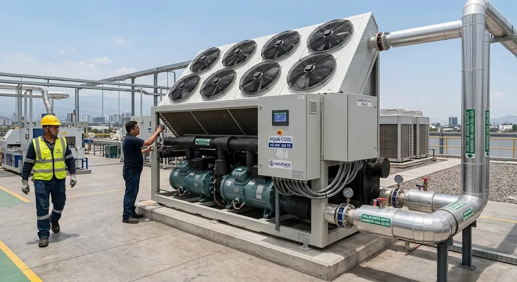 Chiller enfriado por aire con ventiladores de condensador instalado en una terraza