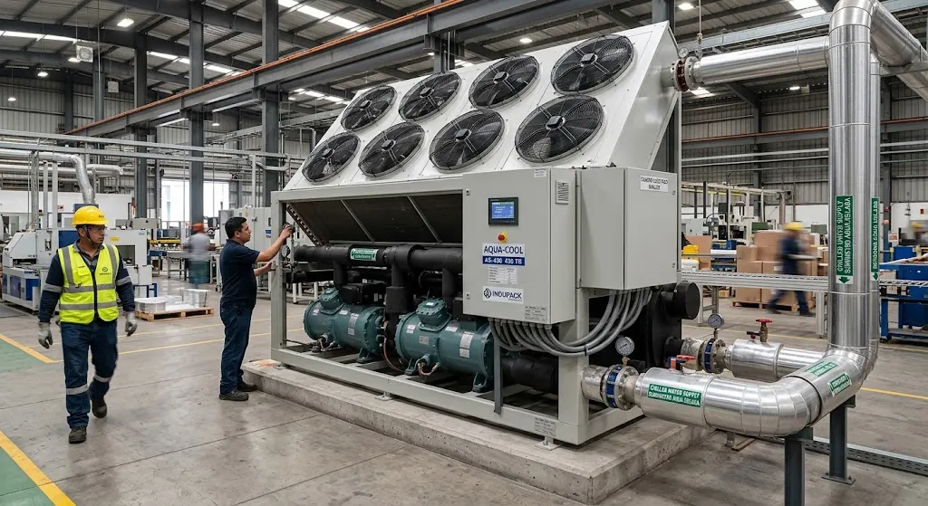 Chiller industrial enfriado por aire en una planta de producción