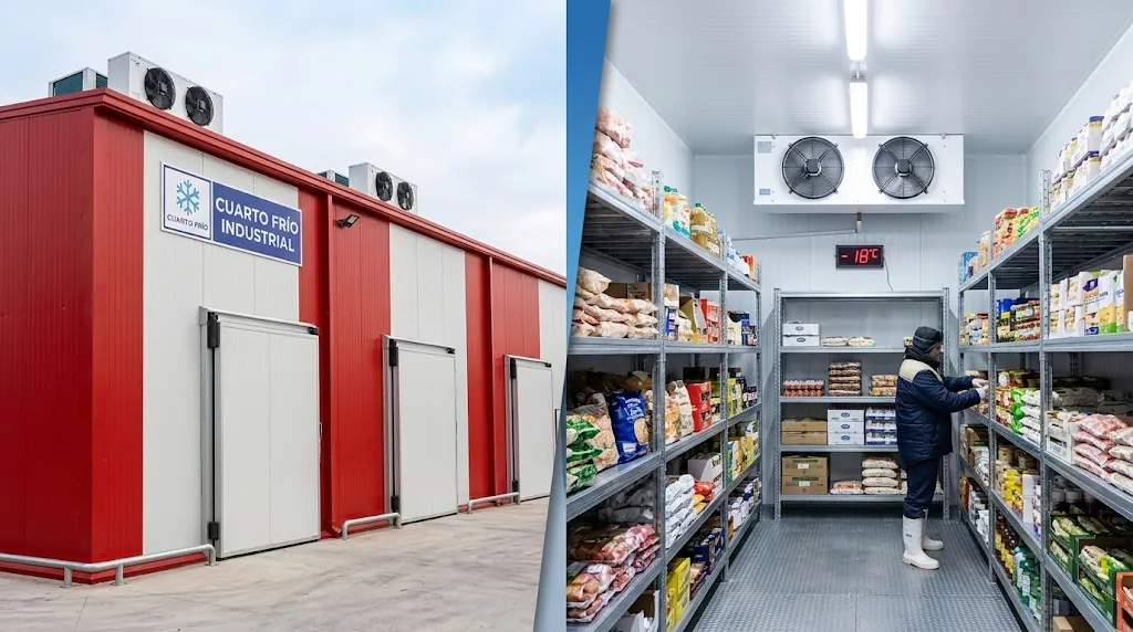 Cuarto frío industrial: exterior en paneles e interior con estanterías de producto