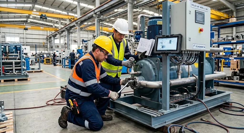 Técnicos instalando un chiller en una planta industrial