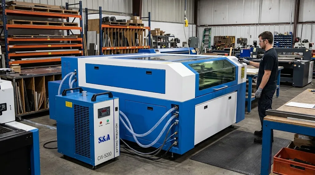 Chiller para láser conectado a una máquina de corte láser