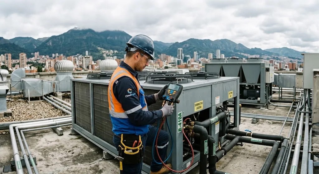 Técnico midiendo parámetros eléctricos en el mantenimiento de un chiller