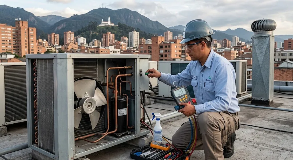 Técnico revisando la unidad condensadora de un cuarto frío