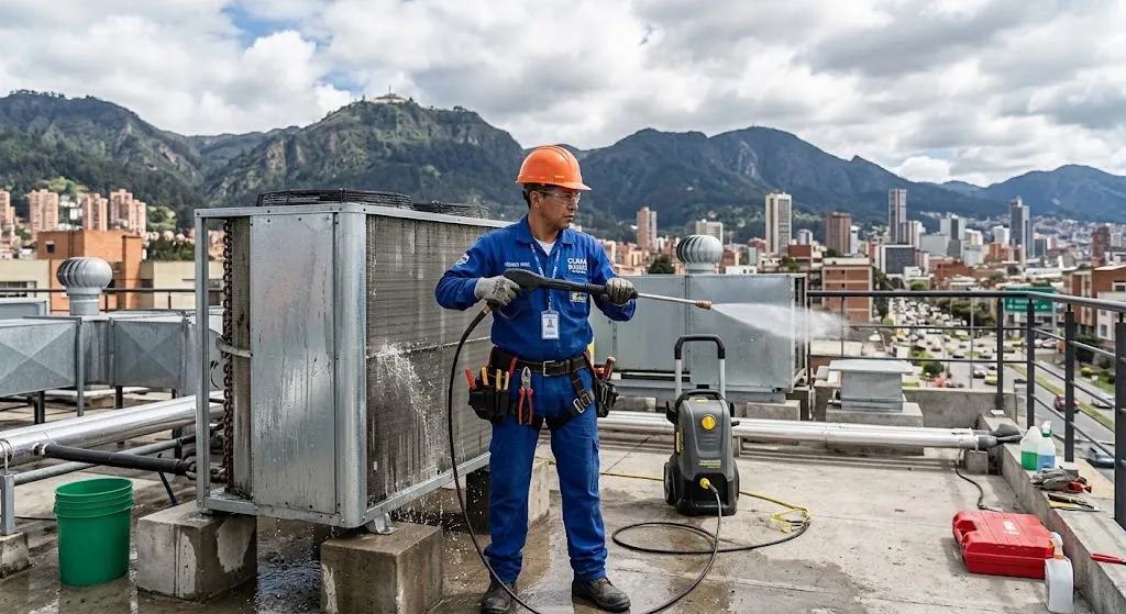 Técnico lavando a presión una unidad de aire acondicionado en una terraza