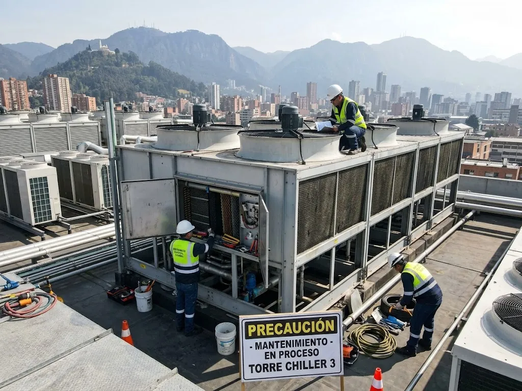 Técnicos haciendo mantenimiento a una torre de enfriamiento en una azotea