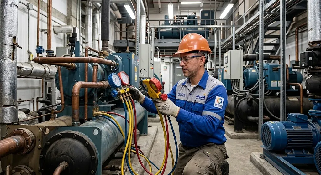 Técnico con manómetros en el mantenimiento de una sala de máquinas de refrigeración industrial