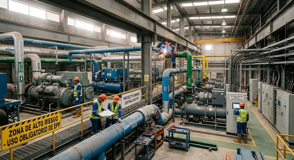 Sala de máquinas de refrigeración industrial con chillers y tuberías