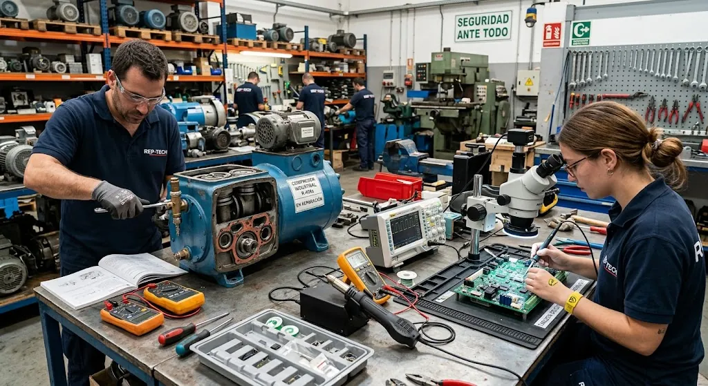Técnicos reparando un motor y una tarjeta electrónica de chiller