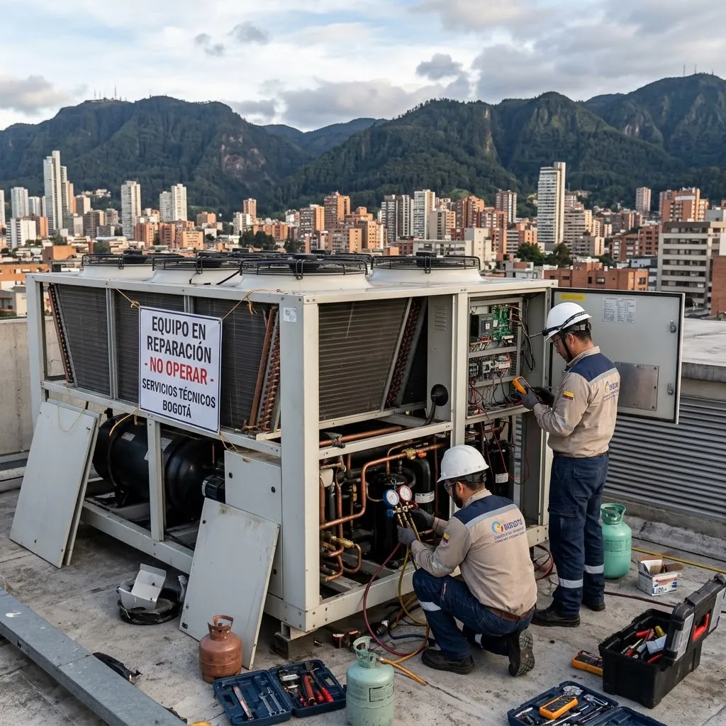 Técnicos reparando un enfriador de aire industrial en una terraza