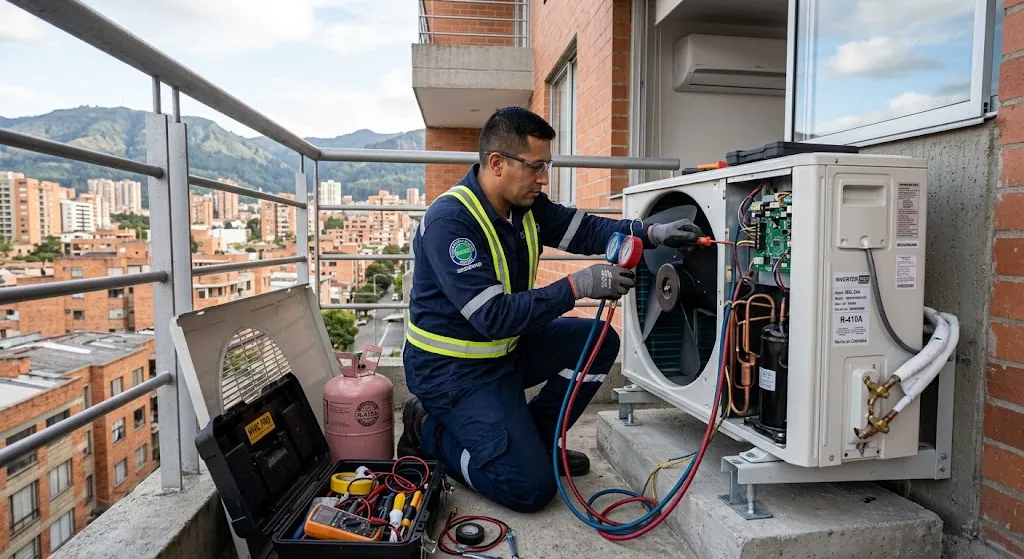 Técnico reparando la unidad exterior de un aire acondicionado minisplit