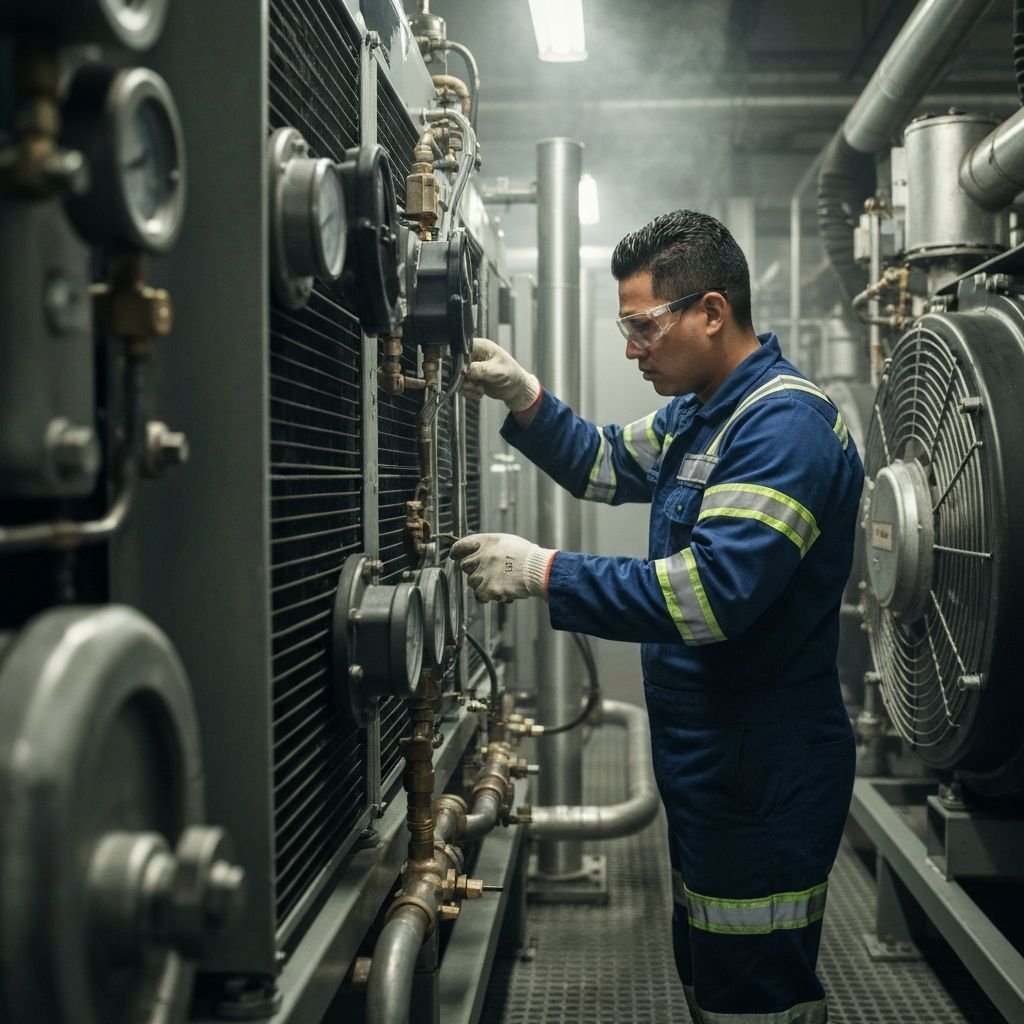 Técnico trabajando en mantenimiento de chiller